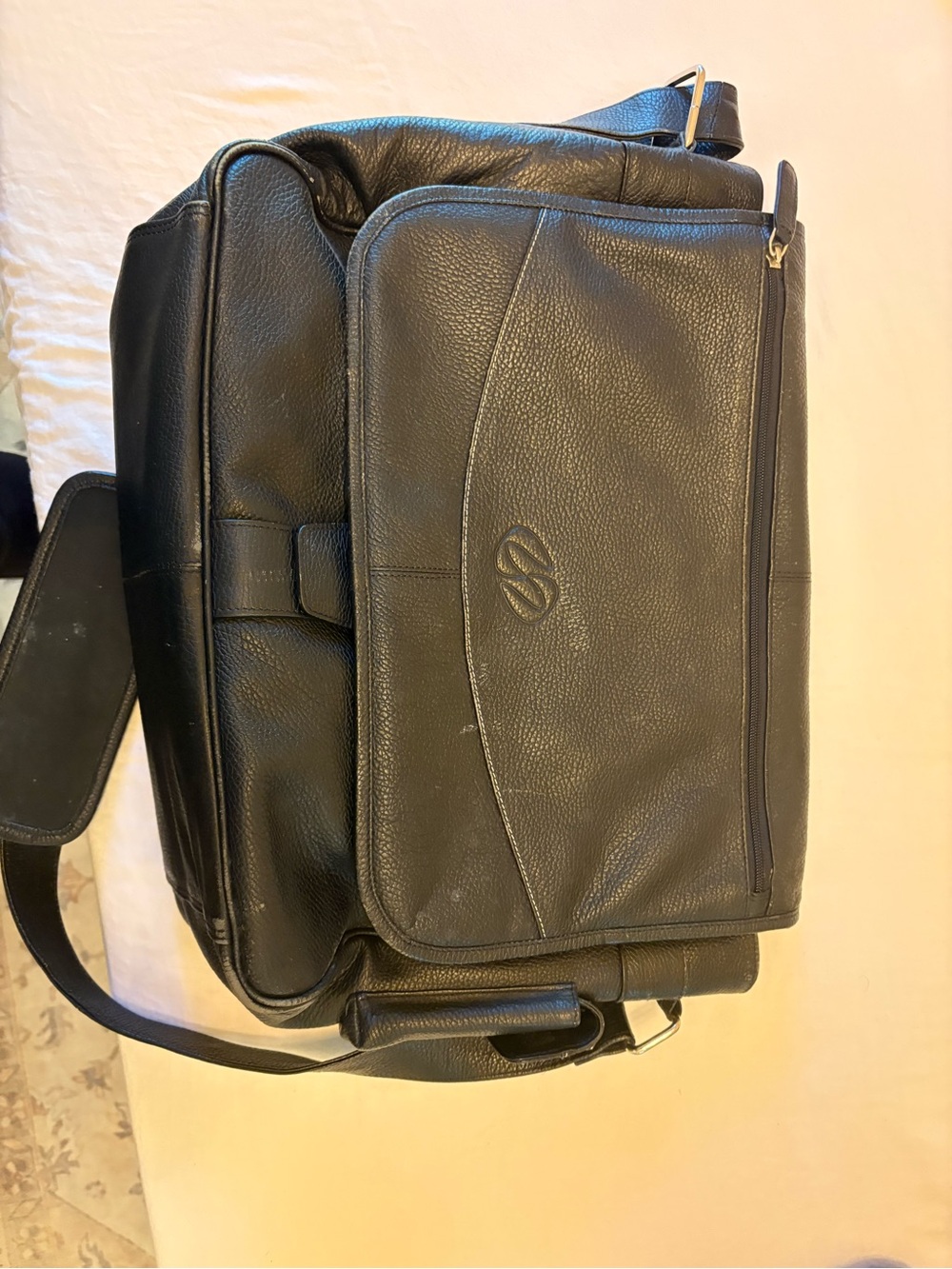 Black Leather Messenger Bag with Front Flap and Zip Pocket